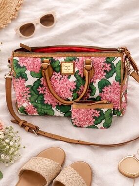 Dooney & Bourke Floral Satchel Purse Pink Lilac Crossbody Bag Leather Trim EUC